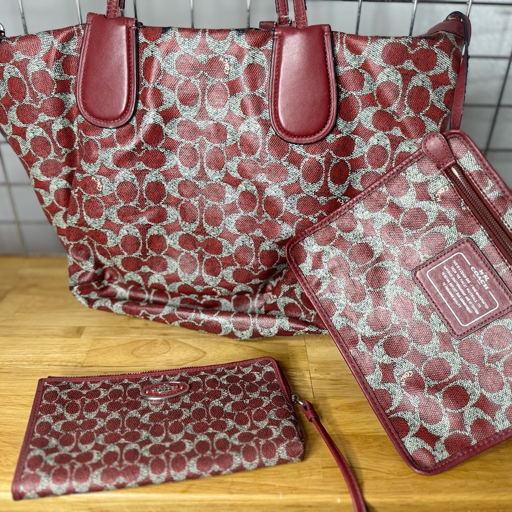 Coach Red and Gray Signature Tote Bag Set